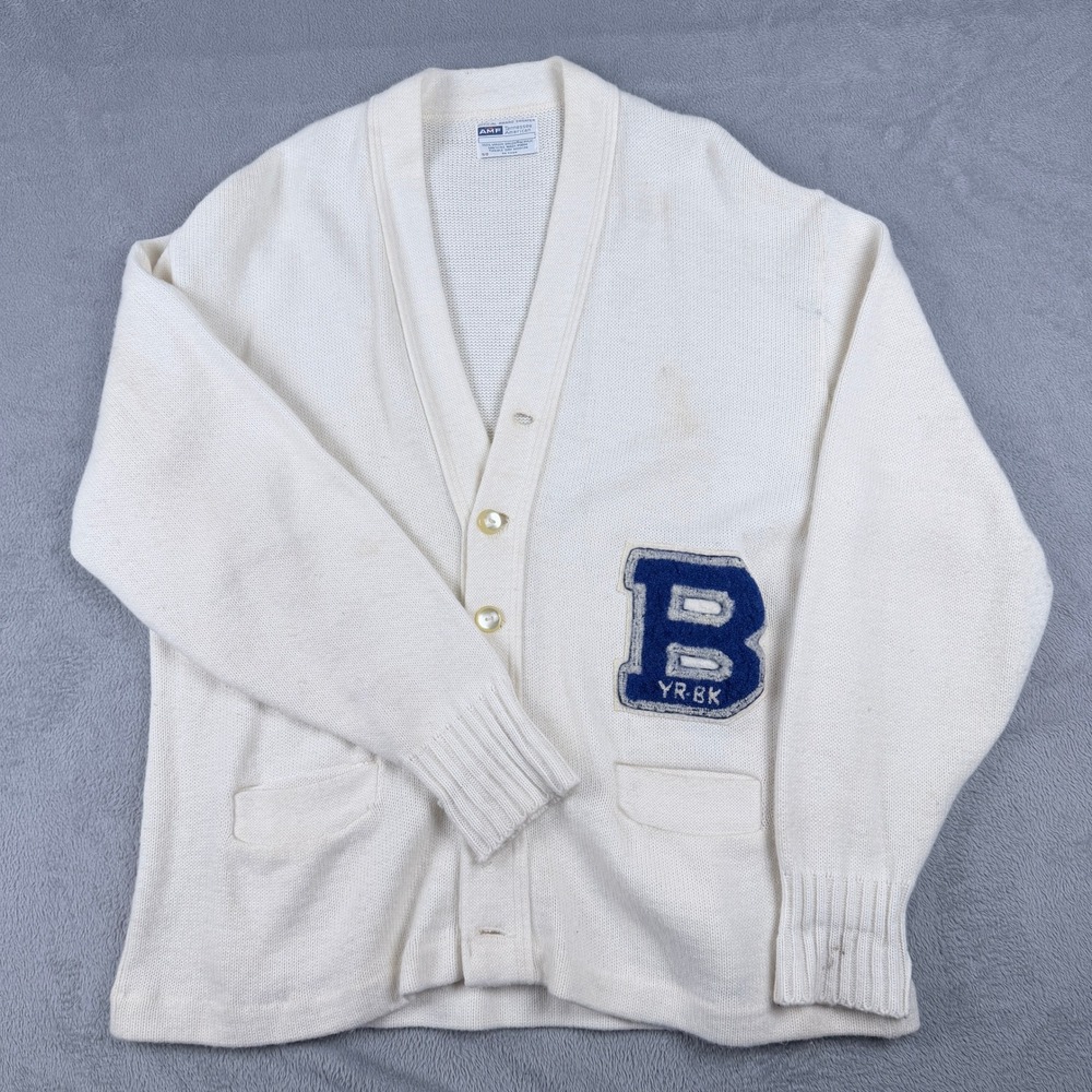 Vintage AMF Tennessee American Letterman Cardigan Cream Blue Patch Size 50